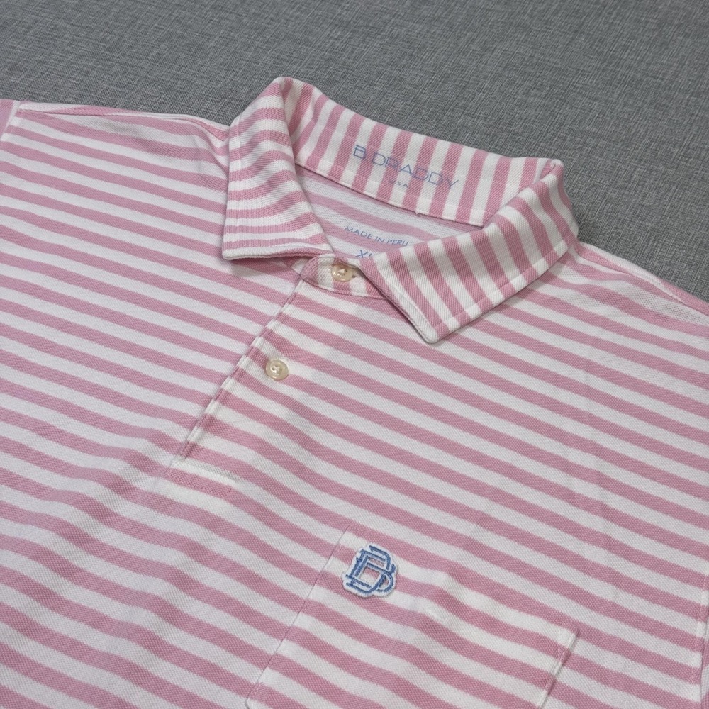 B Draddy Golf Polo Shirt Mens XL Pink Striped Cotton Blend Short Sleeve Pocket